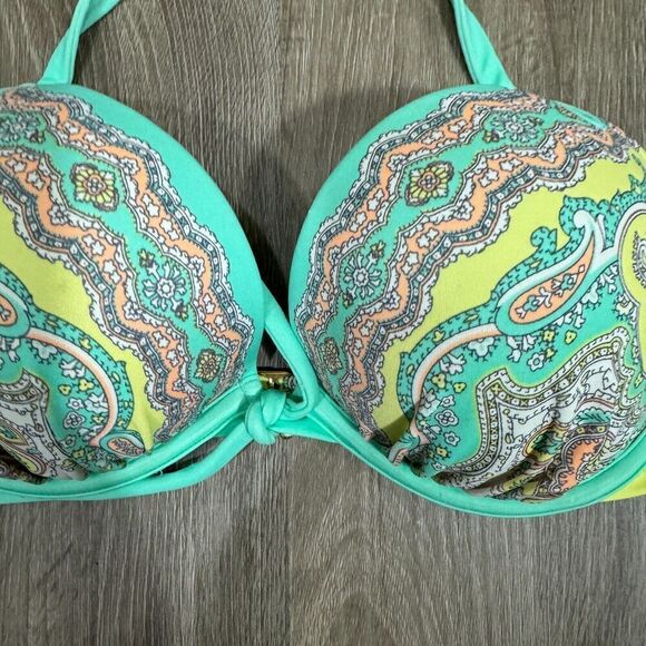 Victoria's Secret Swimsuit Push Up Bkini Top 36B Yellow Paisley Halter Neck - Picture 3 of 9